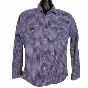 WRANGLER 20X PEARL SNAP FRONT WESTERN SHIRT BLUE & ORANGE COWBOY RETRO SIZE M